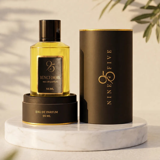 Nine to Five Benchmark Eau de Parfum 55ml perfume bottle with black and gold packaging
