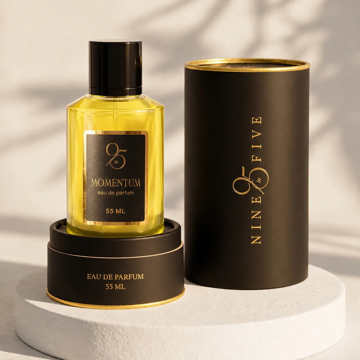 Nine to Five Momentum Eau de Parfum 55ml perfume bottle with black and gold packaging